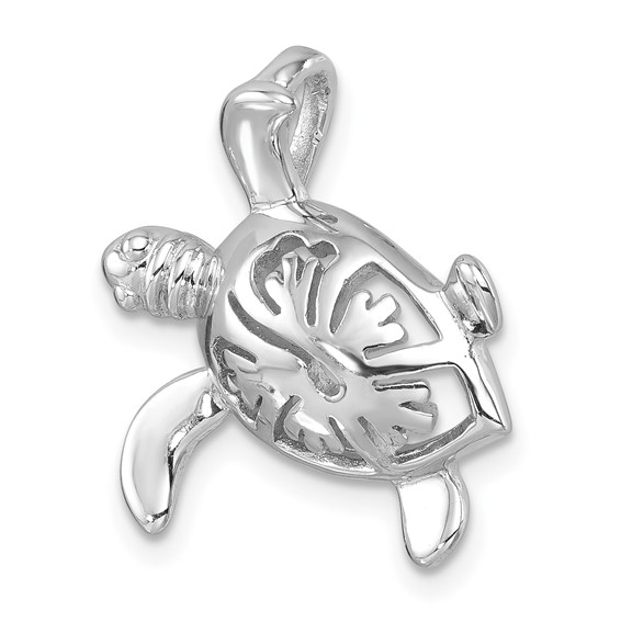Sterling Silver Rhodium-Plated Polished Flower Back Turtle Chain Slide