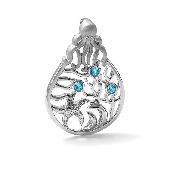 Sterling Silver Rhodium-plated Polished Octopus and Starfish Sea Life Scene Pendant