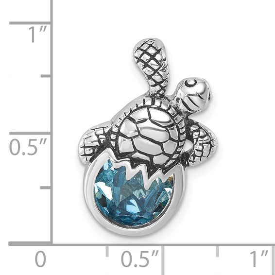 Sterling Silver Rhodium-Plated Antiqued Crystal Hatching Turtle Pendant