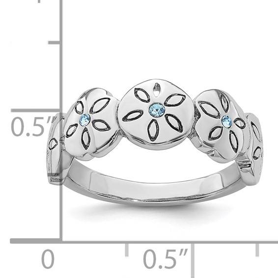 Sterling Silver Rhodium-plated Polished Blue Crystal 5 Sand Dollar Ring