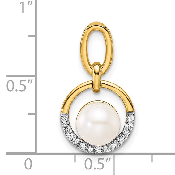 14K Polished 1/15 carat Diamond and White Freshwater Cultured Pearl Open Circle Pendant