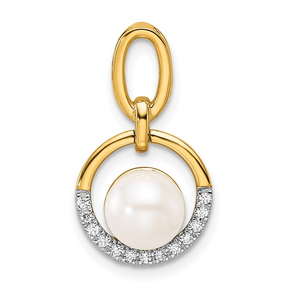 14K Polished 1/15 carat Diamond and White Freshwater Cultured Pearl Open Circle Pendant