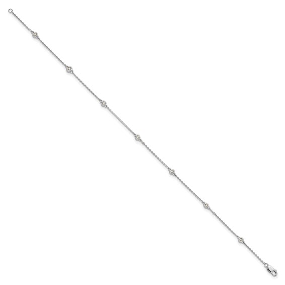 14k White Gold Complete 1/8 carat Bezel-set Diamond and Cable Chain 7-Station 9 inch Anklet