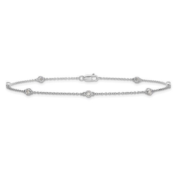 14k White Gold Complete 1/8 carat Bezel-set Diamond and Cable Chain 7-Station 9 inch Anklet