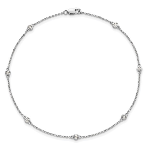 14k White Gold Complete 1/8 carat Bezel-set Diamond and Cable Chain 7-Station 9 inch Anklet