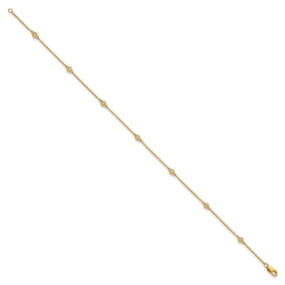 14k Complete 1/8 carat Bezel-set Diamond and Cable Chain 7-Station 9 inch Anklet