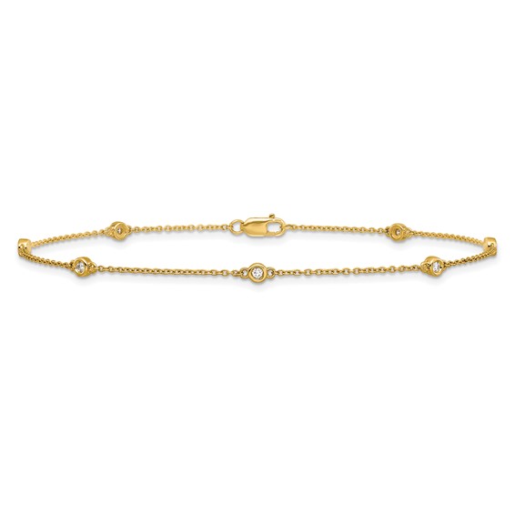 14k Complete 1/8 carat Bezel-set Diamond and Cable Chain 7-Station 9 inch Anklet