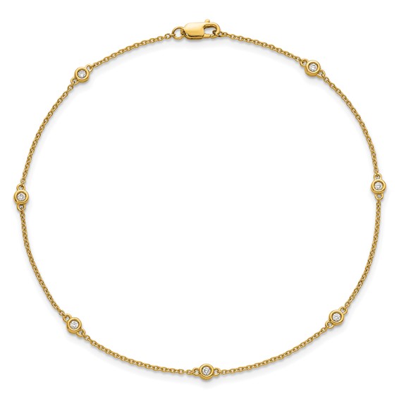 14k Complete 1/8 carat Bezel-set Diamond and Cable Chain 7-Station 9 inch Anklet