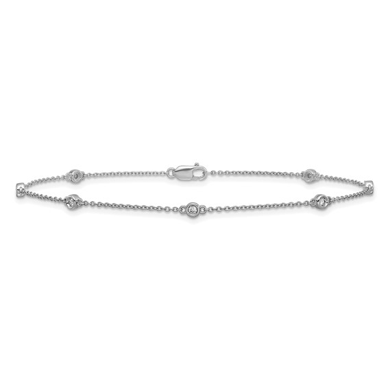 14k White Gold Complete 1/6 carat Bezel-set Diamond and Cable Chain 7-Station 9 inch Anklet