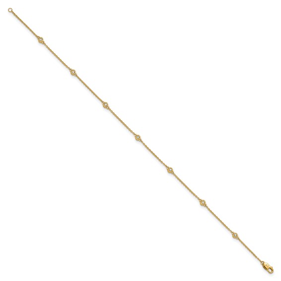 14k Complete 1/6 carat Bezel-set Diamond and Cable Chain 7-Station 9 inch Anklet