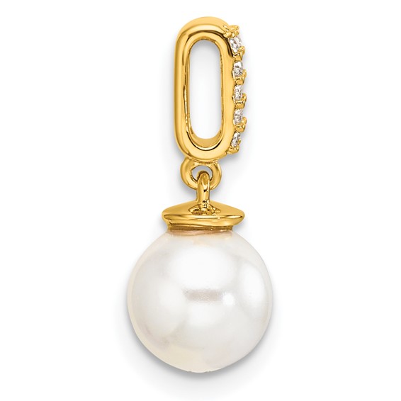 14K Polished 1/20 carat Diamond and White Freshwater Cultured Pearl Chain Slide