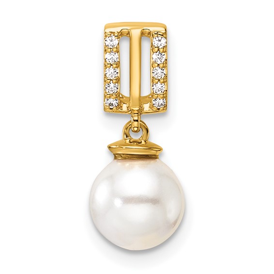 14K Polished 1/20 carat Diamond and White Freshwater Cultured Pearl Chain Slide