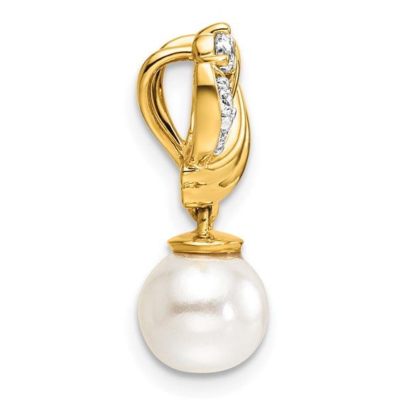 14K Polished 1/10 carat Diamond and White Freshwater Cultured Pearl Chain Slide