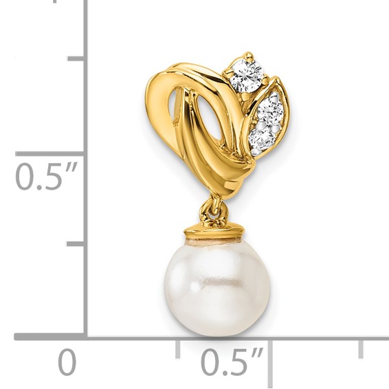 14K Polished 1/10 carat Diamond and White Freshwater Cultured Pearl Chain Slide