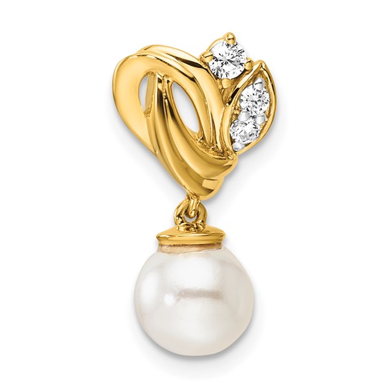 14K Polished 1/10 carat Diamond and White Freshwater Cultured Pearl Chain Slide