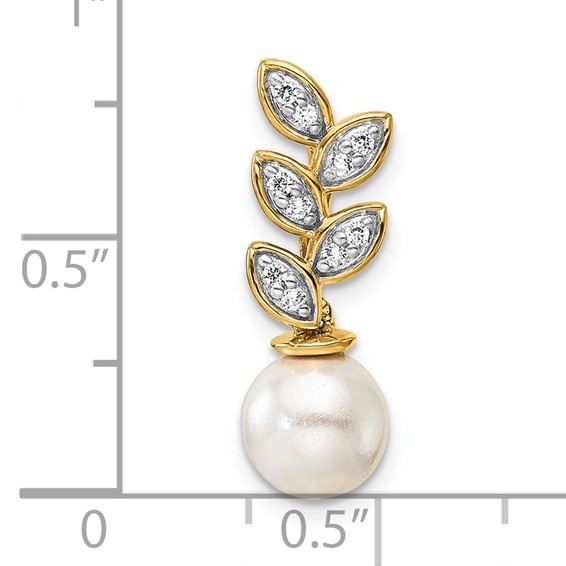 14K Polished 1/15 carat Diamond and White Freshwater Cultured Pearl Leaf Design Chain Slide
