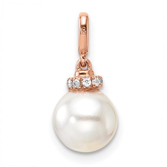 14K Rose Gold Polished 1/20 carat Diamond and White Freshwater Cultured Pearl Pendant