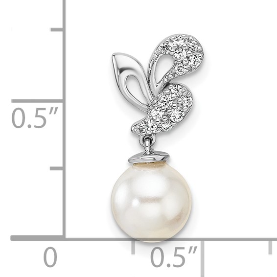 14K White Gold Polished 1/10 carat Diamond and White Freshwater Cultured Pearl Chain Slide