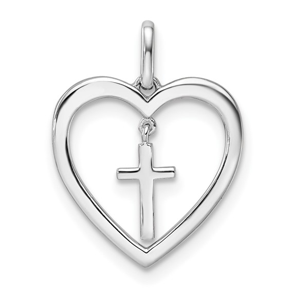 14K White Gold Polished 1/6 carat Diamond Heart Dangle Cross Pendant
