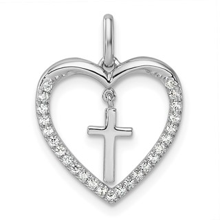 14K White Gold Polished 1/6 carat Diamond Heart Dangle Cross Pendant