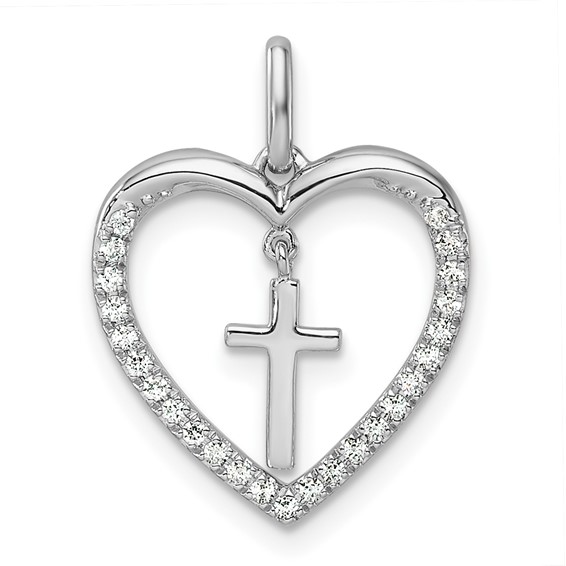 14K White Gold Polished 1/6 carat Diamond Heart Dangle Cross Pendant