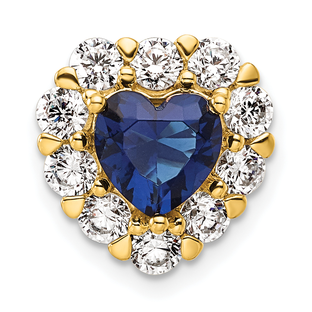 14k 1 carat Lab Grown Diamond VS/SI+ G+ and Lab Created Blue Sapphire Heart Halo Chain Slide Pendant (PM10227-CSA-100-YLG)