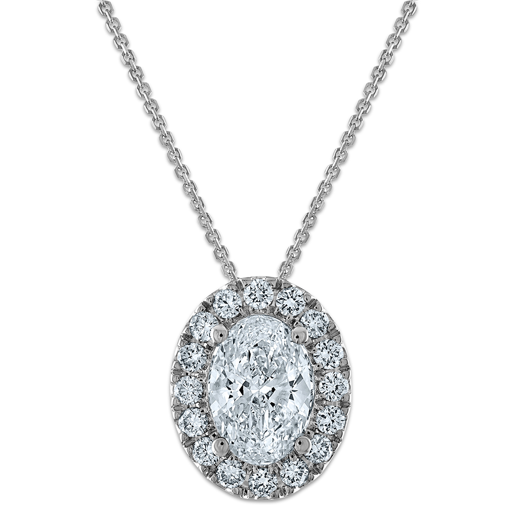 14k White Gold 2 1/2 carat Certified Lab Grown Diamond VS/SI+ G+ Complete 18 inch Oval Halo Pendant Necklace (PM10287-200C-WLG-18)
