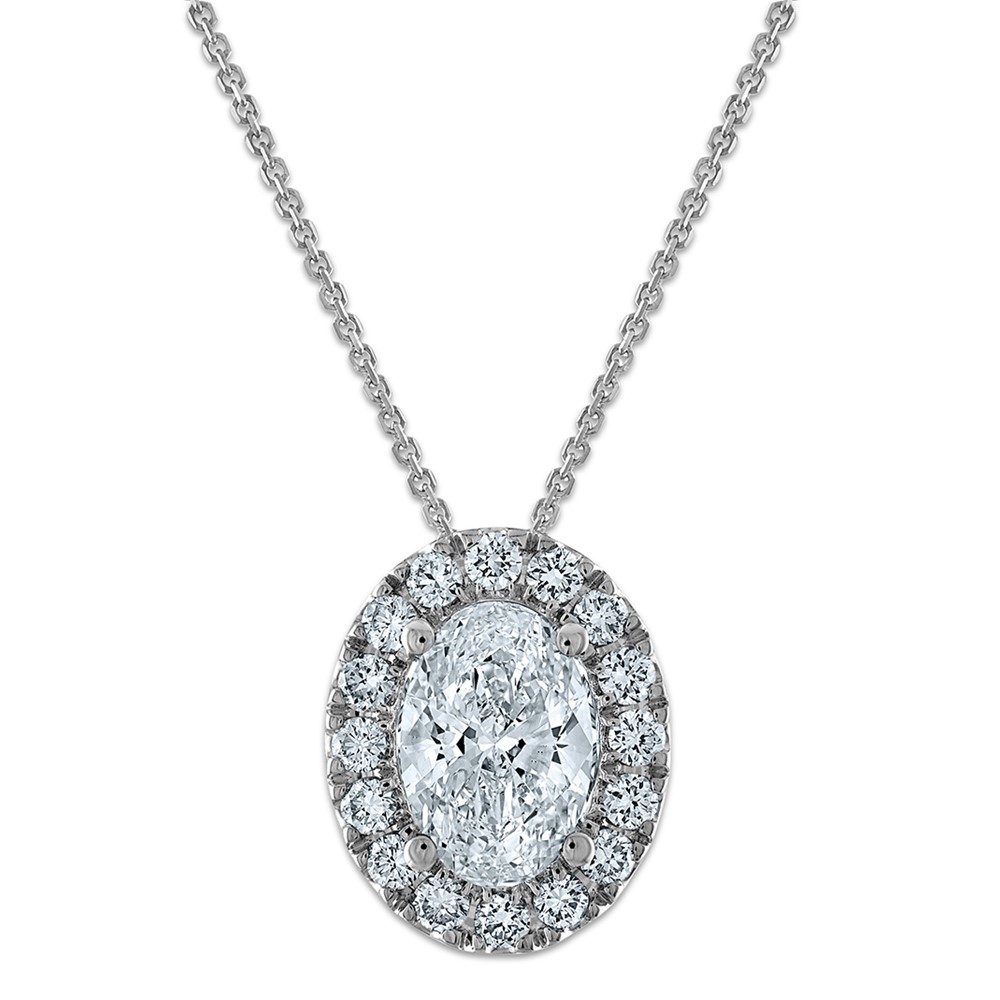 14k White Gold 2 1/2 carat Certified Lab Grown Diamond VS/SI+ G+ Complete 18 inch Oval Halo Pendant Necklace (PM10287-200C-WLG-18)