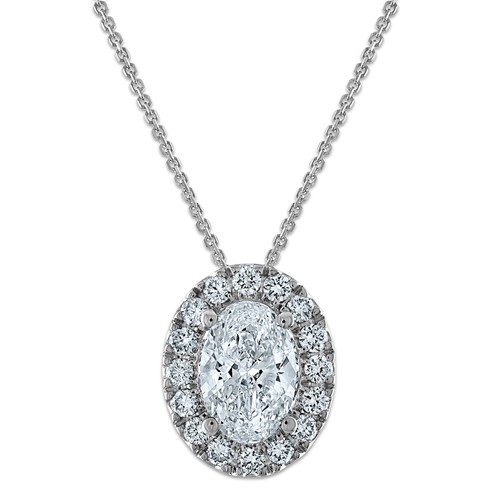 14K White Gold 2.50 Carat Certified Lab Grown Diamond VS SI+ G+ Complete Oval Halo Pendant Necklace - 18in