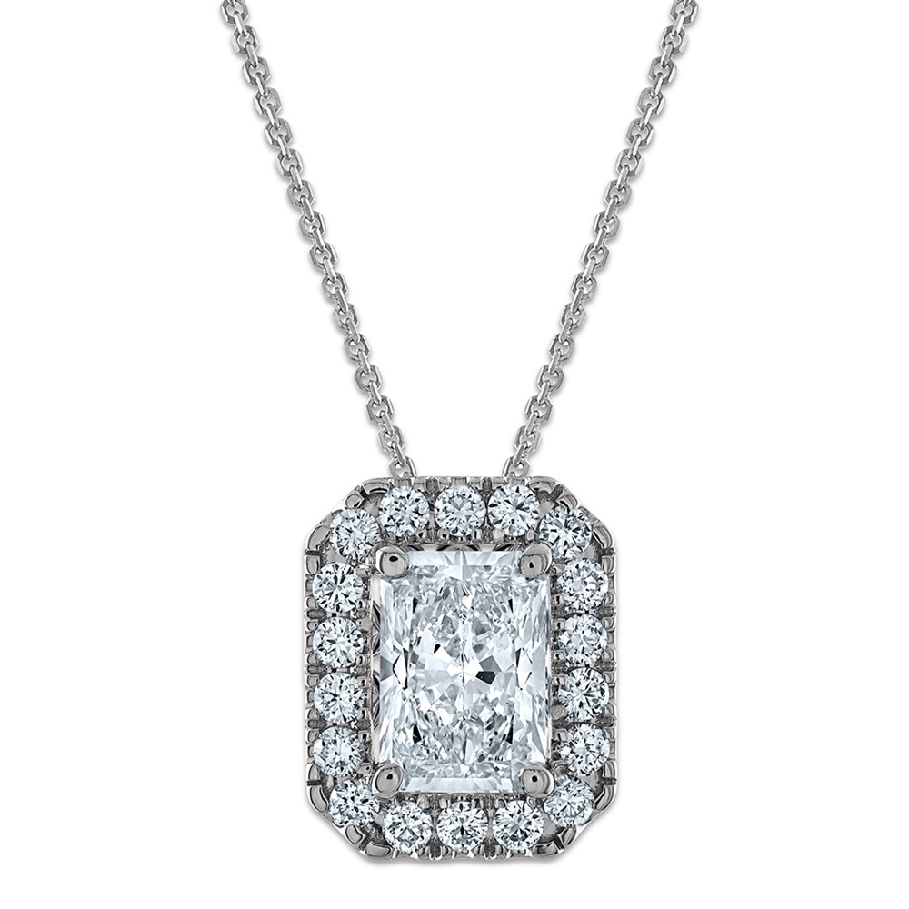 14k White Gold 2 1/2 carat Certified Lab Grown Diamond VS/SI+ G+ Complete 18 inch Radiant Halo Pendant Necklace (PM10288-200C-WLG-18)