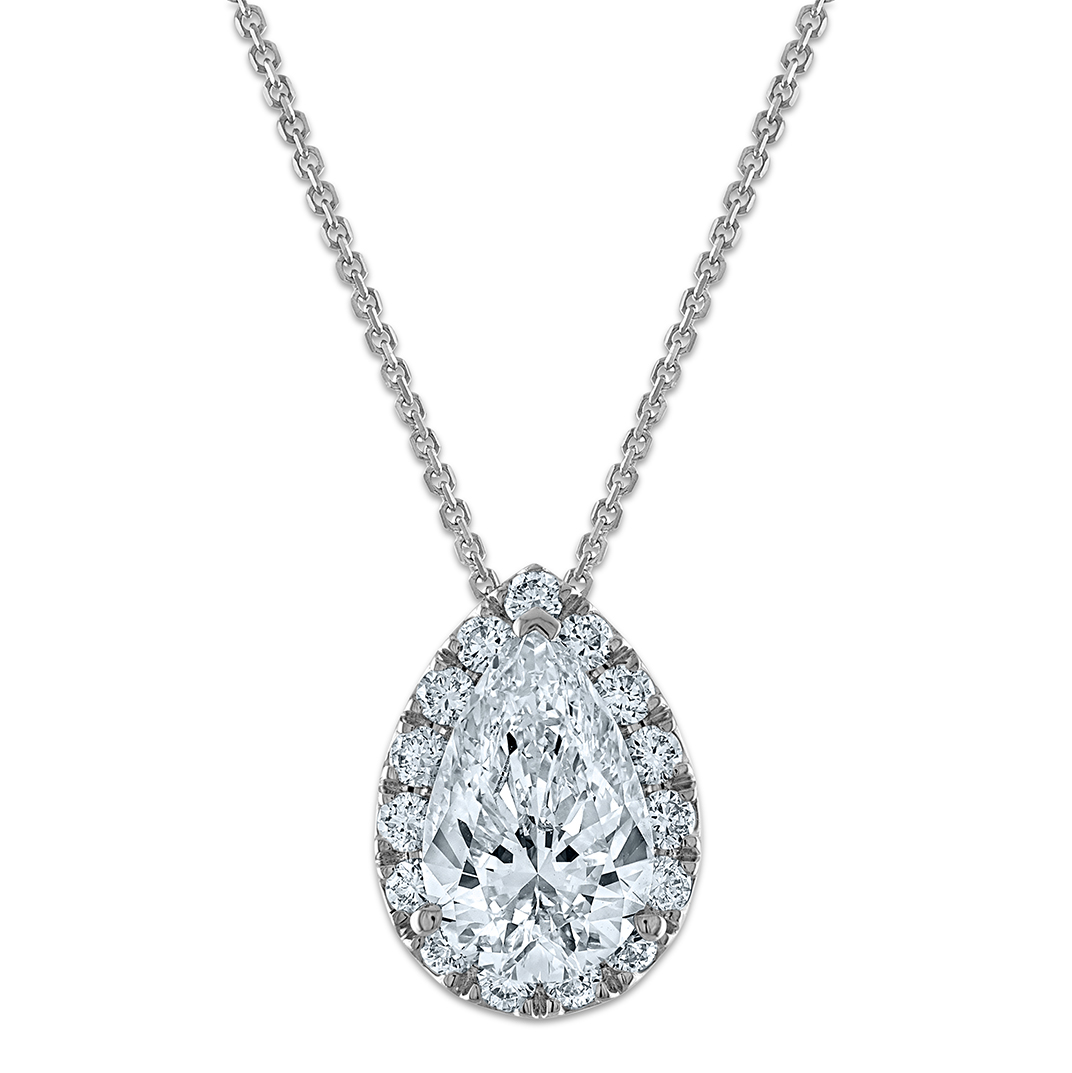 14k White Gold 2 3/8 carat Certified Lab Grown Diamond VS/SI+ G+ Complete 18 inch Pear Halo Pendant Necklace (PM10289-200C-WLG-18)