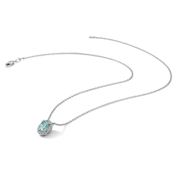 Pure Serenity 14k White Gold 1/8 carat Lab Grown Diamond VS/SI+ G+ and Lab Created Paraiba 18 inch Oval Halo Pendant Necklace