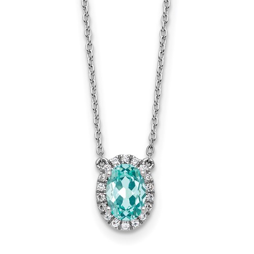Pure Serenity 14K White Gold 0.12 Carat Lab Grown Diamond VS SI+ G+ and Lab Created Paraiba Oval Halo Pendant Necklace, 18"