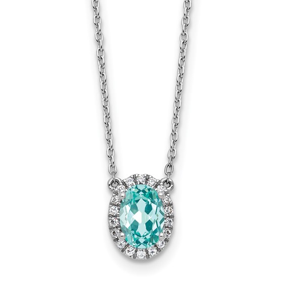 Pure Serenity 14k White Gold 1/8 carat Lab Grown Diamond VS/SI+ G+ and Lab Created Paraiba 18 inch Oval Halo Pendant Necklace