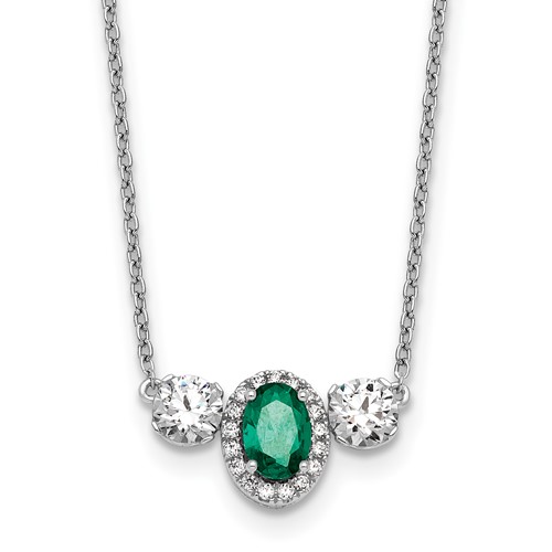14K White Gold 1.12 Carat Lab Grown Diamond VS SI+ G+ and Created Emerald Complete Three Stone Necklace, 16"