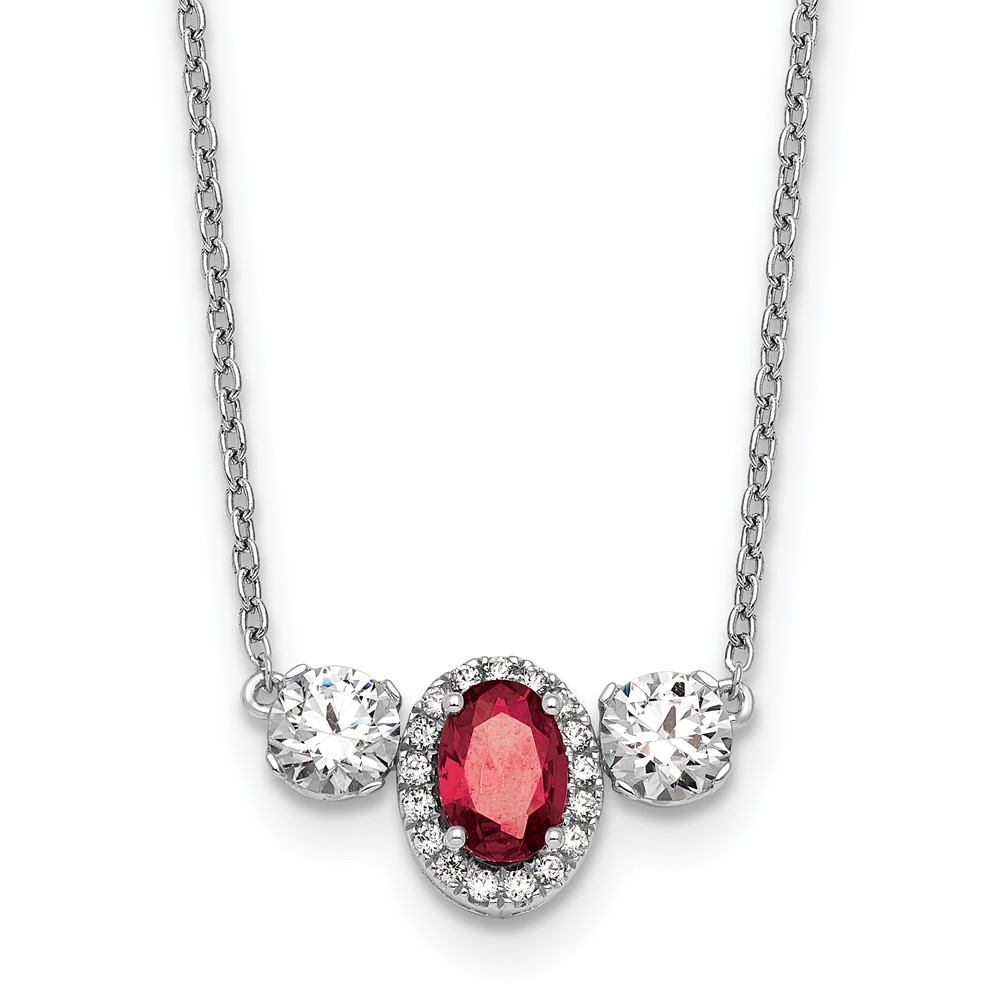 14K White Gold 1.12 Carat Lab Grown Diamond VS SI+ G+ and Created Ruby Complete Three Stone Necklace, 16"