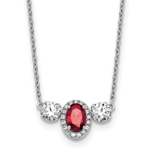 14K White Gold 1.12 Carat Lab Grown Diamond VS SI+ G+ and Created Ruby Complete Three Stone Necklace, 16"