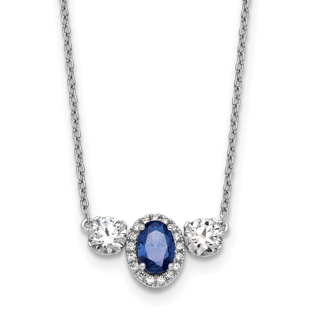 14K White Gold 1.12 Carat Lab Grown Diamond VS SI+ G+ and Created Sapphire Complete Three Stone Necklace, 16"