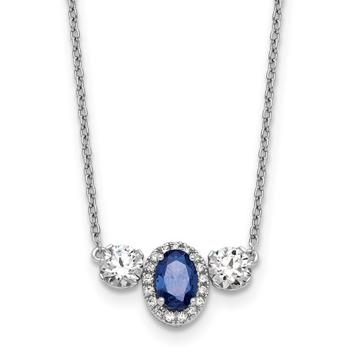 14K White Gold 1.12 Carat Lab Grown Diamond VS SI+ G+ and Created Sapphire Complete Three Stone Necklace, 16"