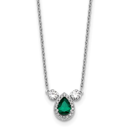 14K White Gold 0.50 Carat Lab Grown Diamond VS SI+ G+ and Created Emerald Complete Three Stone Necklace, 16"
