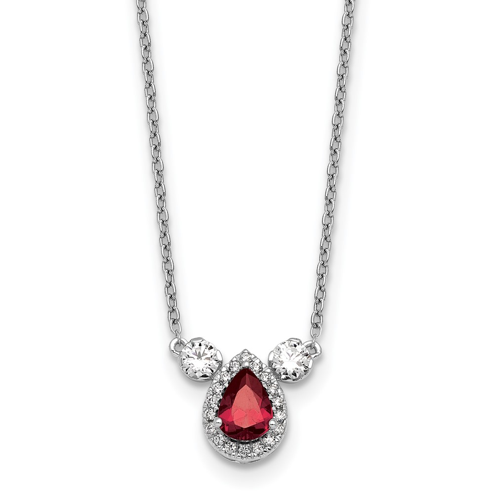 14K White Gold 0.50 Carat Lab Grown Diamond VS SI+ G+ and Created Ruby Complete Three Stone Necklace, 16"