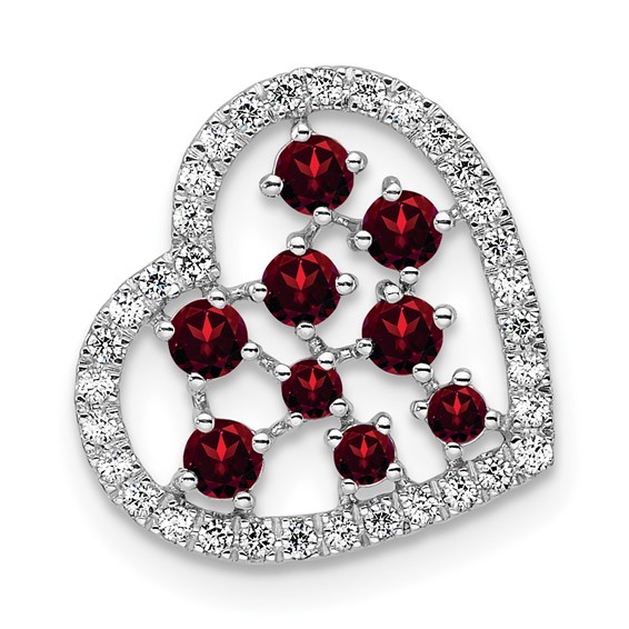 14K White Gold Polished Diamond and Garnet Heart Chain Slide