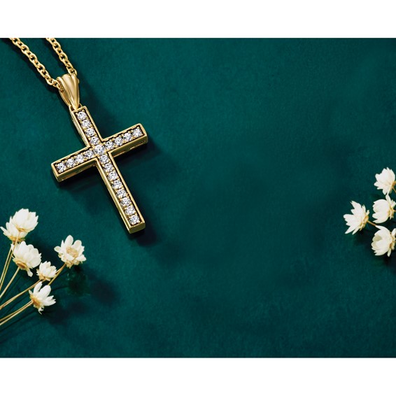 True Origin 14K Yellow Gold 3/4 carat Lab Grown Diamond VS+ F+ Complete Cross Pendant