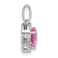 14K White Gold 0.10 Carat Lab Grown Diamond VS+ F+ and Genuine Pink Sapphire Complete Halo Heart Pendant view 2