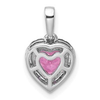 14K White Gold 0.10 Carat Lab Grown Diamond VS+ F+ and Genuine Pink Sapphire Complete Halo Heart Pendant view 3