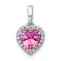 14K White Gold 0.10 Carat Lab Grown Diamond VS+ F+ and Genuine Pink Sapphire Complete Halo Heart Pendant view 1