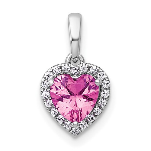 14K White Gold 0.10 Carat Lab Grown Diamond VS+ F+ and Genuine Pink Sapphire Complete Halo Heart Pendant