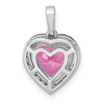 14K White Gold 0.17 Carat Lab Grown Diamond VS+ F+ and Genuine Pink Sapphire Complete Halo Heart Pendant view 3