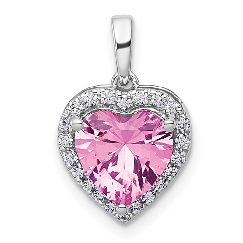 14K White Gold 0.17 Carat Lab Grown Diamond VS+ F+ and Genuine Pink Sapphire Complete Halo Heart Pendant