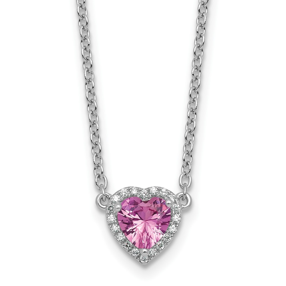 14K White Gold 0.10 Carat Lab Grown Diamond VS+ F+ and Genuine Pink Sapphire Complete Heart Necklace, 18"